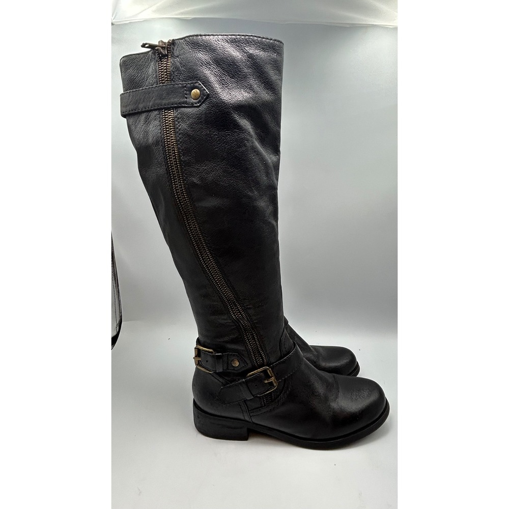 Steve Madden Synicle Riding Boots Womens 7M Black Leather Buckle Moto Tall Knee